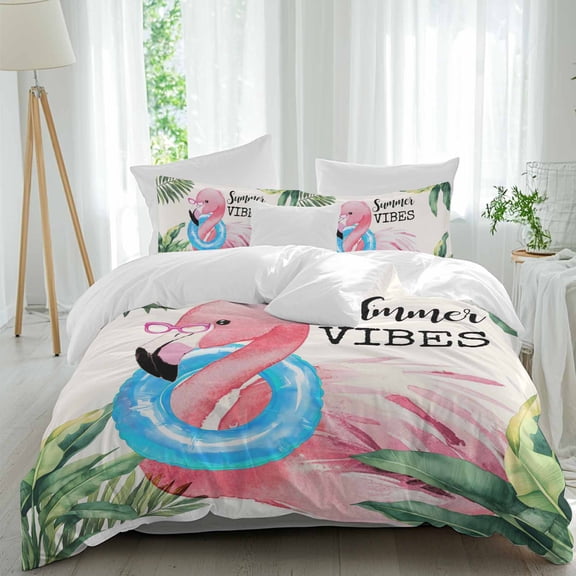 3 Piece Summer Pink Flamingo Duvet Cover Set Queen Size, Microfiber Comforter/Quilt Cover with Corner Ties and 2 Pillowcases, Beach Tropical Palm Leaves All Season Soft Bedding with Zipper Closure