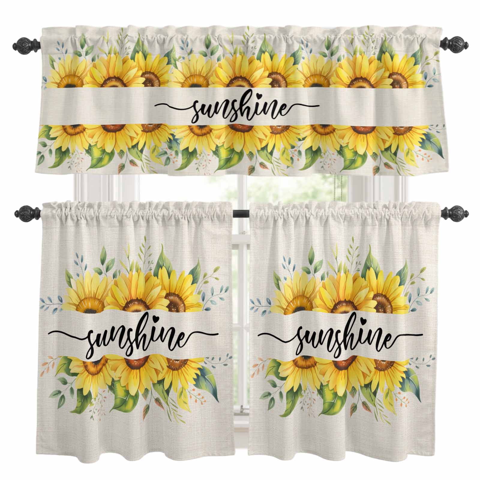 3 Piece Summer Welcome Kitchen Curtain Valance and Tiers Set Yellow ...