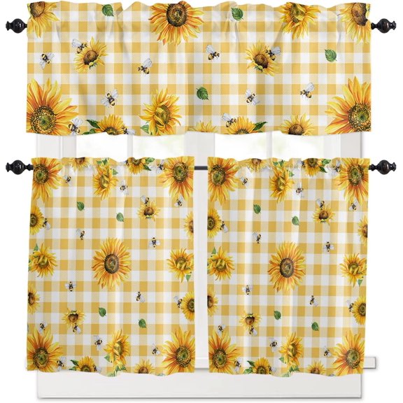 3 Piece Sunflower Bee Countryside Floral Kitchen Curtains, Tier and Valance Rod Pocket Window Curtains Set Yellow Floral Cafe Curtains for Kitchen Valances Window Treatment 54X18in+27x36in×2