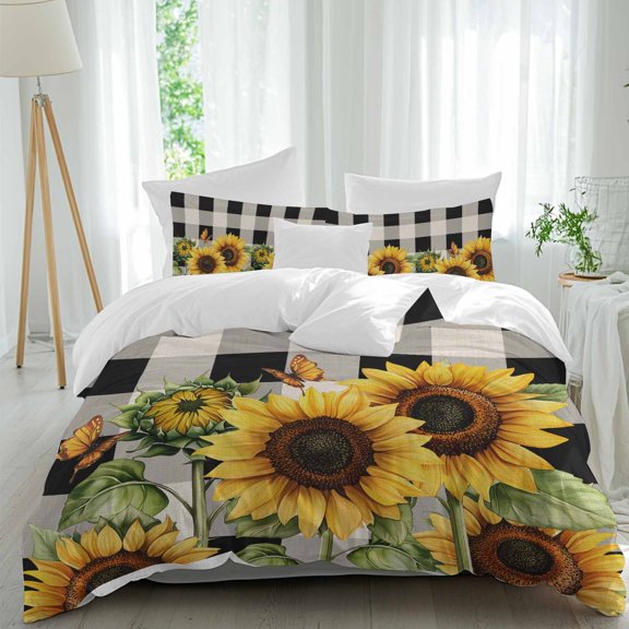3 Piece Sunflower Checkered Duvet Cover Set California King,Microfiber Comforter/Quilt Cover with Corner Ties and 2 Pillowcases,Black Buffalo Plaid Pastoral Flowers Soft Bedding with Zipper Closure