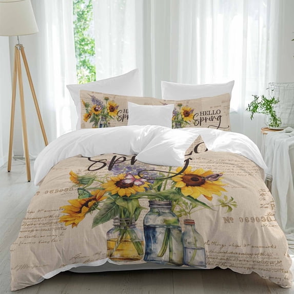3 Piece Sunflower Duvet Cover Set Queen Size, Microfiber Comforter/Quilt Cover with Corner Ties and 2 Pillowcases, Spring Floral Summer Botanical Farmhouse All Season Soft Bedding with Zipper Closure