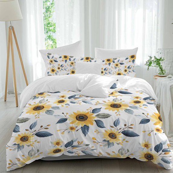 3 Piece Sunflower Duvet Cover Set Queen Size, Microfiber Comforter/Quilt Cover with Corner Ties and 2 Pillowcases, Spring Floral Vintage Summer Botanical All Season Soft Bedding with Zipper Closure