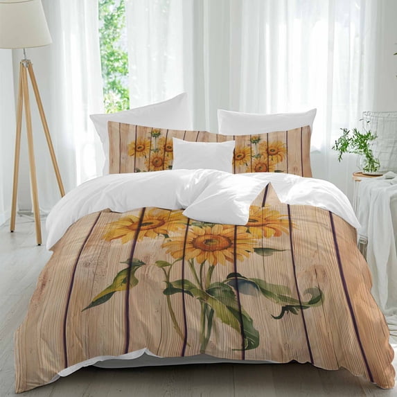 3 Piece Sunflower Duvet Cover Set Queen Size,Microfiber Comforter/Quilt Cover with Corner Ties and 2 Pillowcases,Vintage Summer Botanical Wooden Farmhouse All Season Soft Bedding with Zipper Closure