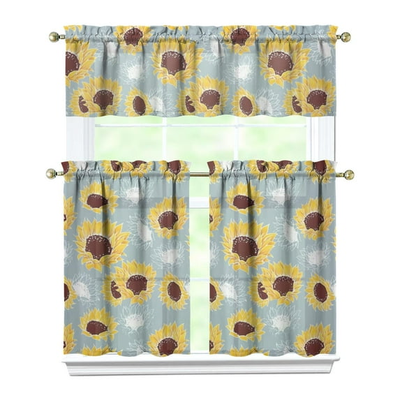 3-Piece Sunflower Kitchen Curtain Set - Ruffled Valance and Tier Curtains with Rod Pocket, Fresh Floral Pattern for Farmhouse Kitchen Windows Decor, 54"x18" + 27.5"x36"x2