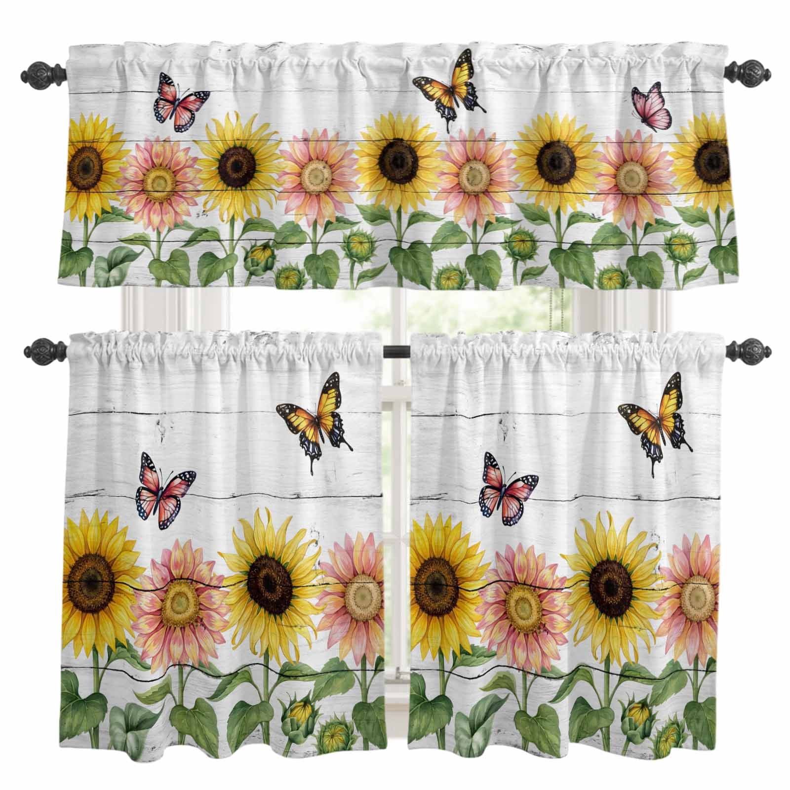 3 Piece Sunflowers Butterfly Kitchen Curtain Valance and Tiers Set ...