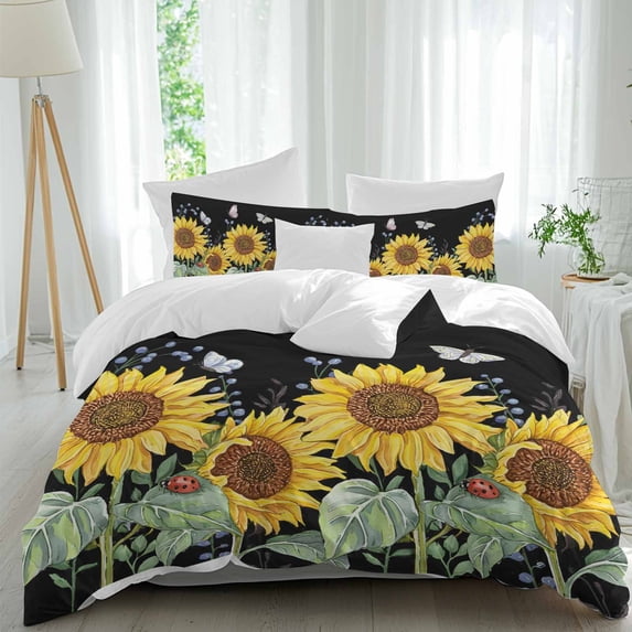 3 Piece Sunflowers Duvet Cover Set California King,Microfiber Comforter/Quilt Cover with Corner Ties and 2 Pillowcases,Botanical Watercolor Butterfly Plant All Season Soft Bedding with Zipper Closure