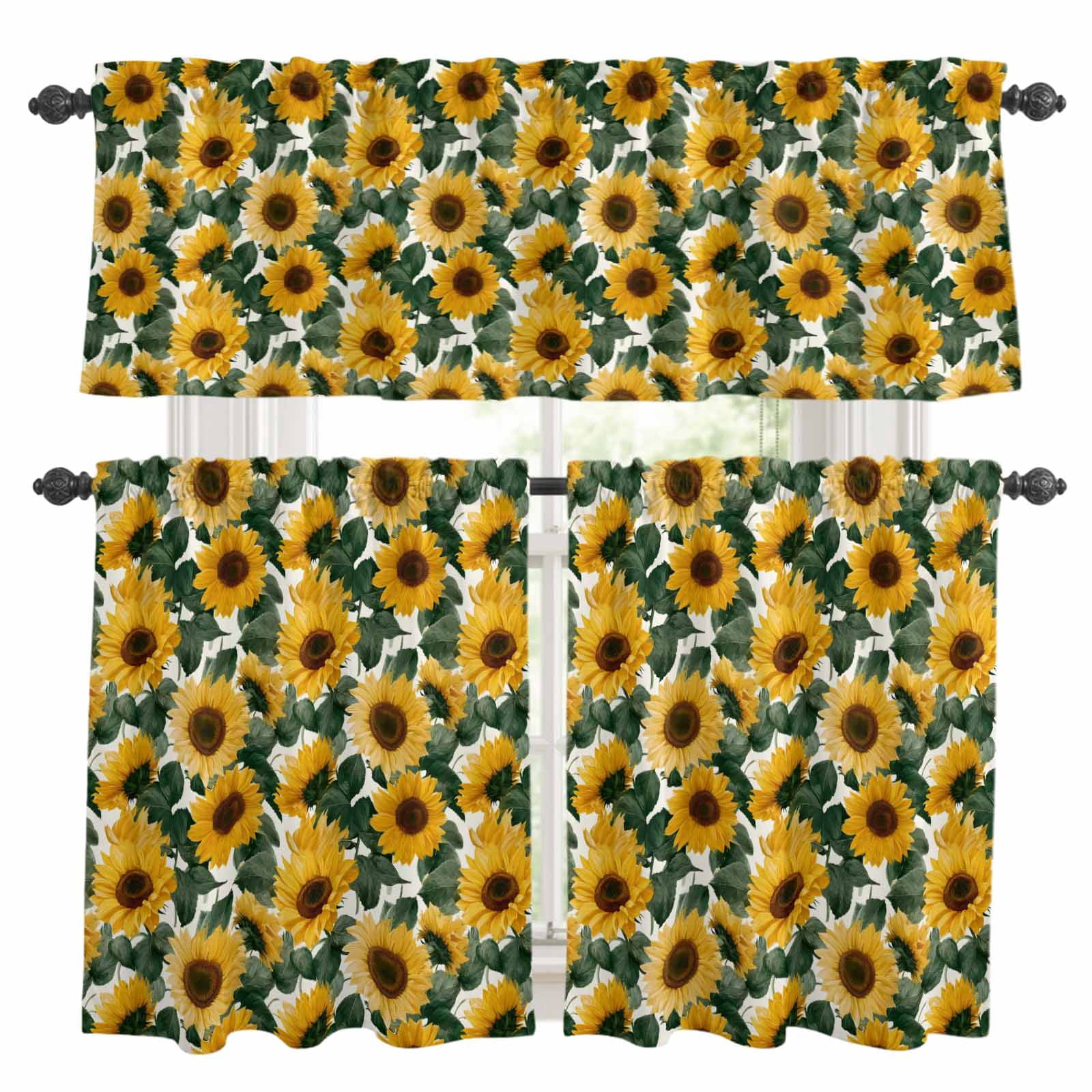 3 Piece Sunflowers Kitchen Curtain Valance and Tiers Set Country ...