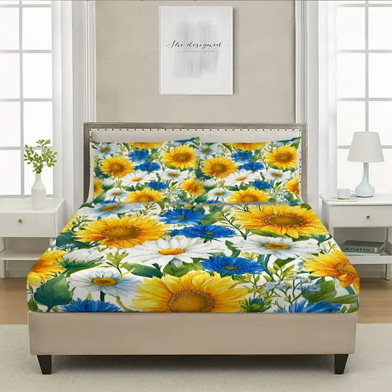 3-Piece Sunflowers and Daisies Dance Print Bed Sheet Set - Ultra Soft Fitted Sheet & Pillowcases, Bedding for Kids, Teens & Adults
