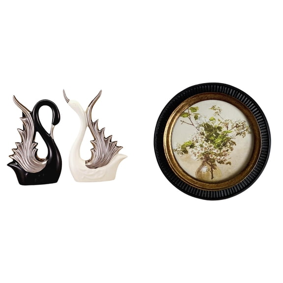 3 Piece Swan Statue Resin Sculpture Round Photo Frame Set Elegant European Design for Home Bedroom Decor Display