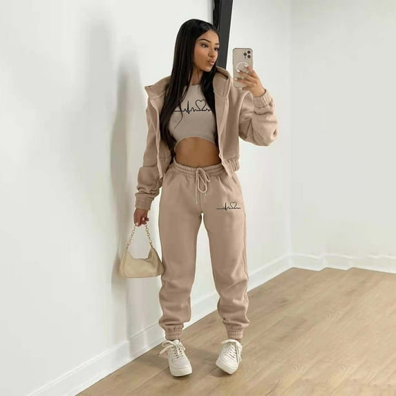 3 Piece Sweatsuit for Women,3 Pcs Women Solid Color Outfits, Adults Long Sleeve Drawstring Hoodie +Tank Tops +Jogger Trousers with Pockets