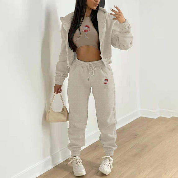 3 Piece Sweatsuit for Women,3 Pcs Women Solid Color Outfits, Adults Long Sleeve Drawstring Hoodie +Tank Tops +Jogger Trousers with Pockets