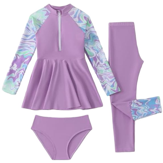 3 Piece Swimsuit For Girls Crew Neck Half Zip Long Sleeve Tops Long Pants & Shorts Stretchy Modest Bathing Suit (4-5 Years, Purple)