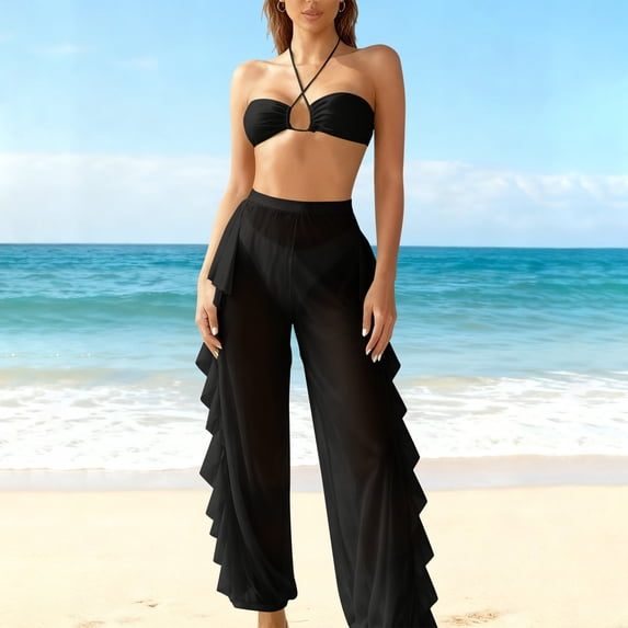 3 Piece Swimsuit for Women Bikini Set with Sheer Ruffle Mesh Cover Up Pants Halter Bandeau Top High Waisted Bathing Suit