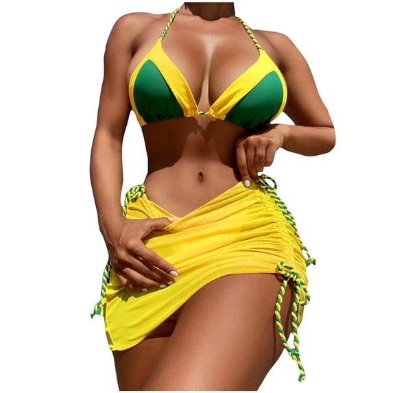3 Piece Swimsuit for Women Sexy Halter Triangle Bikini Set with Drawstring Beach Coverup Skirt Matching Bathing Suit