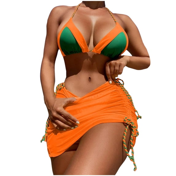 3 Piece Swimsuit for Women Sexy Halter Triangle Bikini Set with Drawstring Beach Coverup Skirt Matching Bathing Suit