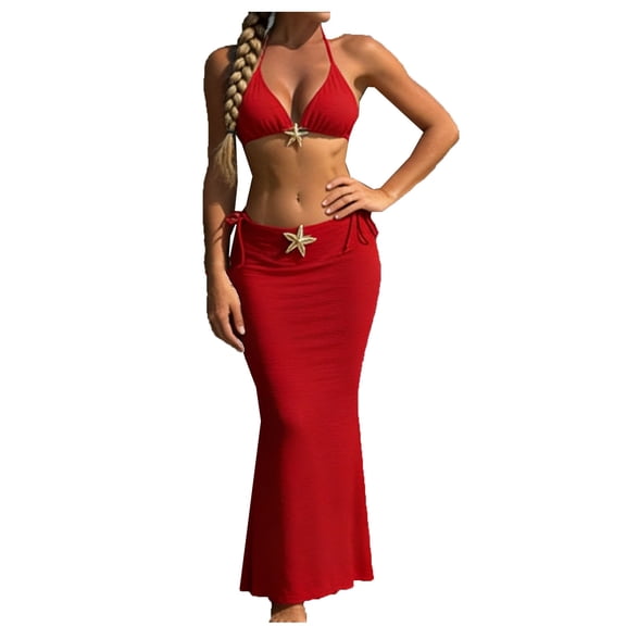 3 Piece Swimsuits Bikini Sets for Women with Cover up Beach Wrap Skirt Starfish Decor Halter Bikinis Bathing Suits (L, Red)
