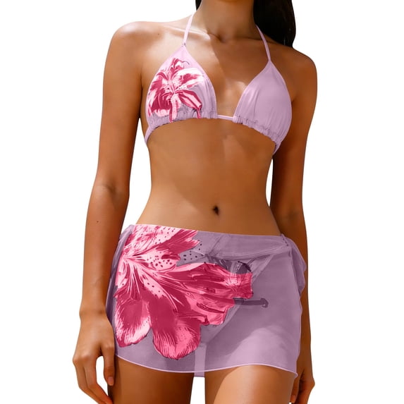 3 Piece Swimsuits Floral Triangle Halter Bikini Set with Cover Up Sheer Beach Skirt