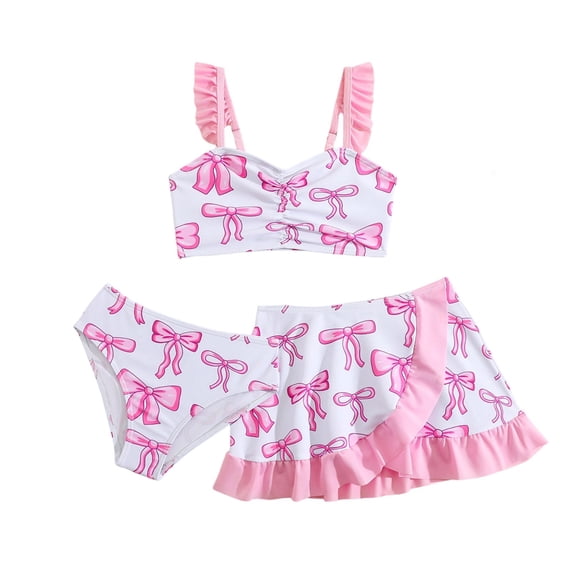 3 Piece Swimsuits for Girls Bikini Sets Beach Bow Print Swimsuit Girls with Cover Up Skirt Summer Clothes Kids Bathing Suits Girls 6-7 Years
