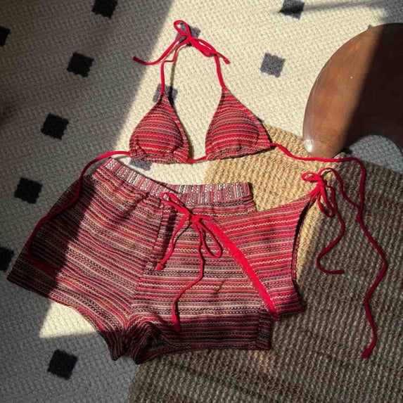 3 Piece Swimsuits for Women Built-in Padded Cups Halter Triangle Bikini Top with Side Tie Bottom and Boyshorts Set Striped Print Beach Outfits