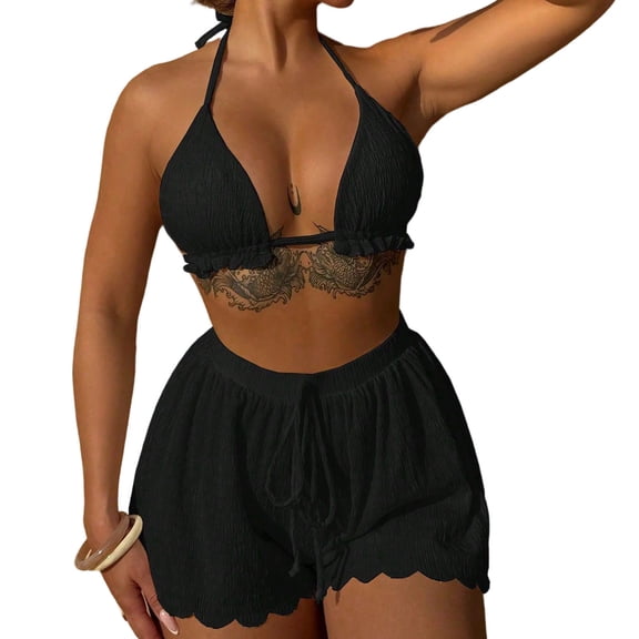 3 Piece Swimsuits for Women Halter Bikini Sets with Drawstring Elastic Waist Scalloped Shorts Swimwear Suits (S, Black)