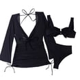 thumbnail image 1 of 3 Piece Swimsuits for Women Long Sleeve Mesh Cover Up with Push Up Bikini Set High Waisted Ruched Bathing Suits Flattering Outfits, 1 of 6