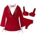 thumbnail image 1 of 3 Piece Swimsuits for Women Long Sleeve Mesh Cover Up with Push Up Bikini Set High Waisted Ruched Bathing Suits Flattering Outfits, 1 of 2