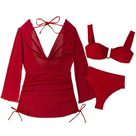 3 Piece Swimsuits for Women Long Sleeve Mesh Cover Up with Push Up Bikini Set High Waisted Ruched Bathing Suits Flattering Outfits