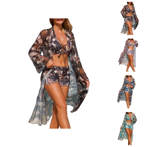 3 Piece Swimsuits for Women Mesh Tankini Bikini with Cover Up Three Piece Bathing Suit Set Performance Swimwear for Beach and Pool
