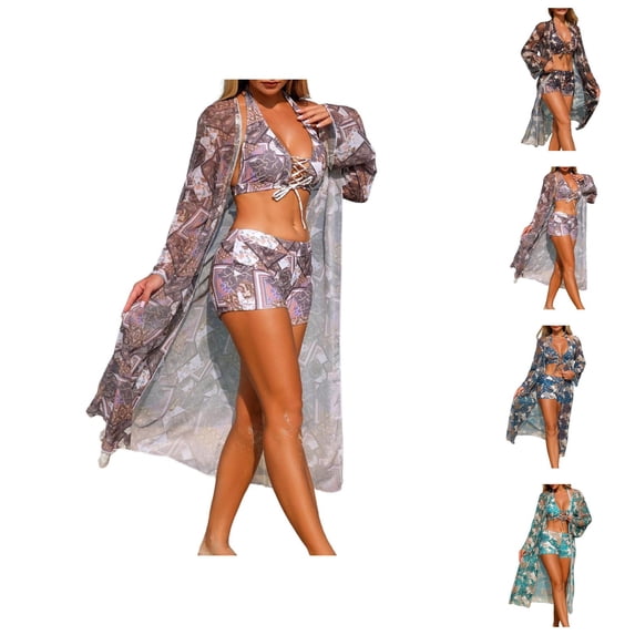 3 Piece Swimsuits for Women Mesh Tankini Bikini with Cover Up Three Piece Bathing Suit Set Performance Swimwear for Beach and Pool