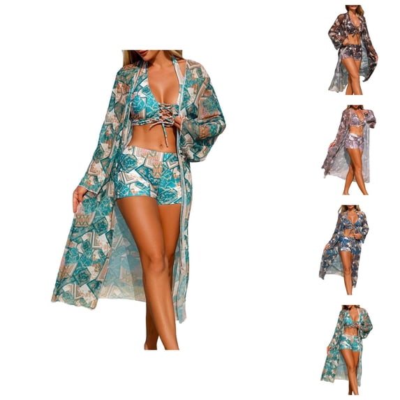 3 Piece Swimsuits for Women Mesh Tankini Bikini with Cover Up Three Piece Bathing Suit Set Performance Swimwear for Beach and Pool