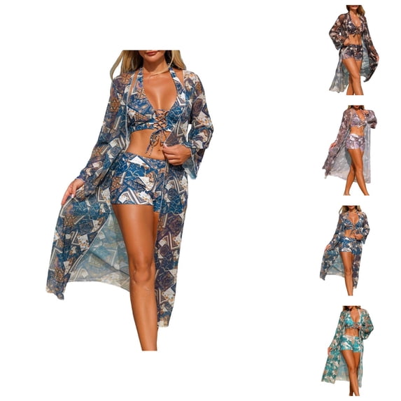 3 Piece Swimsuits for Women Mesh Tankini Bikini with Cover Up Three Piece Bathing Suit Set Performance Swimwear for Beach and Pool