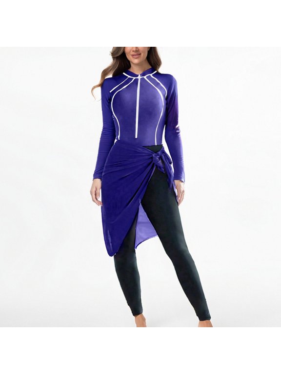 3 Piece Swimsuits for Women Rash Guard Long Sleeve Zipper Surfing Top with Leggings and Wrap Skirt Sun Protection Athletic Bathing Suits