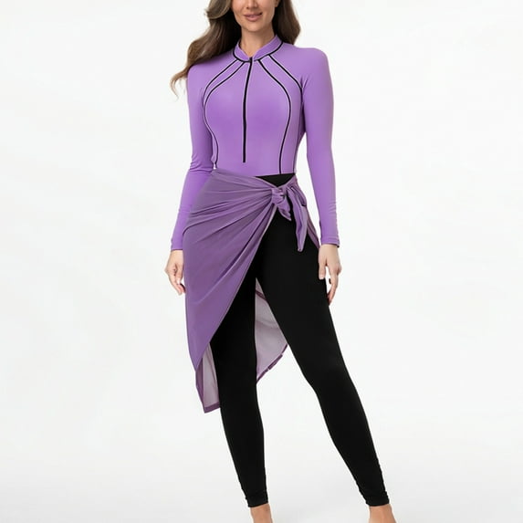 3 Piece Swimsuits for Women Rash Guard Long Sleeve Zipper Surfing Top with Leggings and Wrap Skirt Sun Protection Athletic Bathing Suits