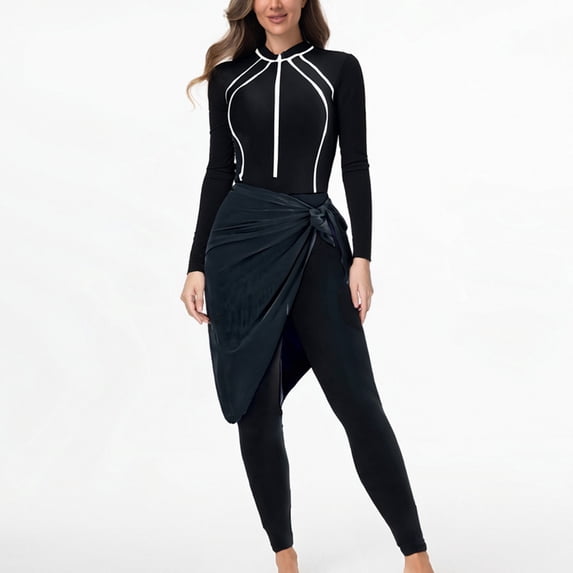 3 Piece Swimsuits for Women Rash Guard Long Sleeve Zipper Surfing Top with Leggings and Wrap Skirt Sun Protection Athletic Bathing Suits