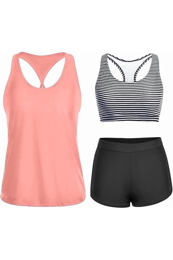 3 Piece Swimsuits for Women, Tankini Sets, Modest Bathing Suits, Athletic Plus Size Swimsuit, Tummy Control Swim Bathing Swimwear, L