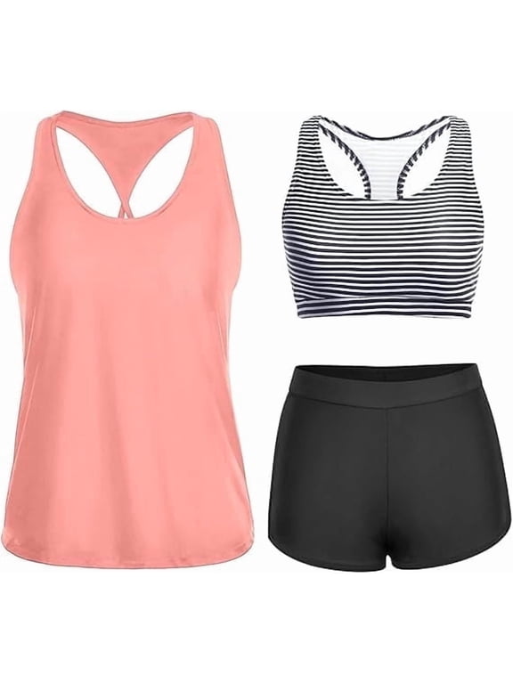 3 Piece Swimsuits for Women, Tankini Sets, Modest Bathing Suits, Athletic Plus Size Swimsuit, Tummy Control Swim Bathing Swimwear, L