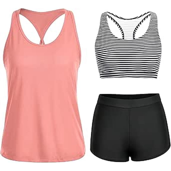 3 Piece Swimsuits for Women, Tankini Sets, Modest Bathing Suits, Athletic Plus Size Swimsuit, Tummy Control Swim Bathing Swimwear, XL