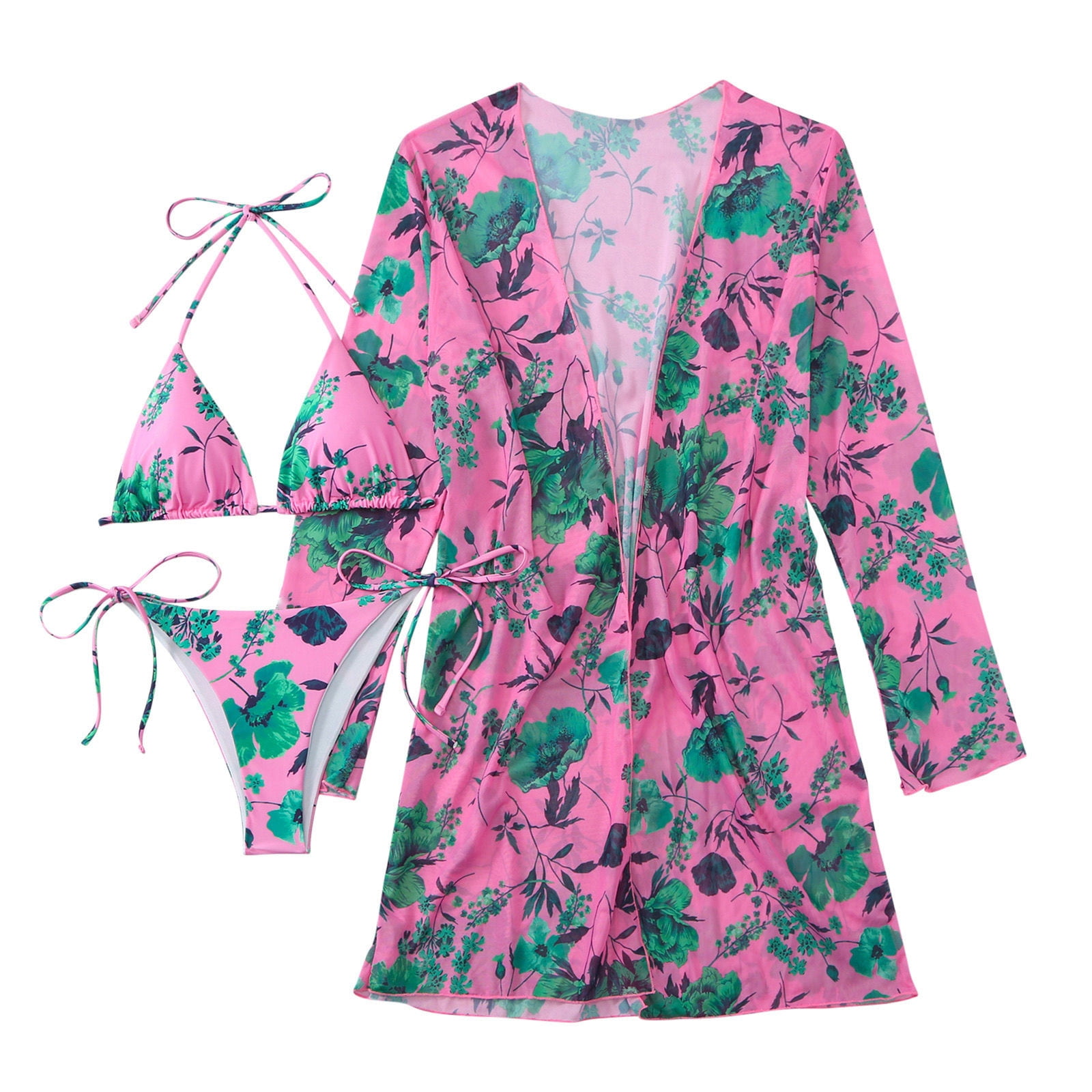 3 Piece Swimsuits for Women with Kimono Beach Cover Up Halter Triangle