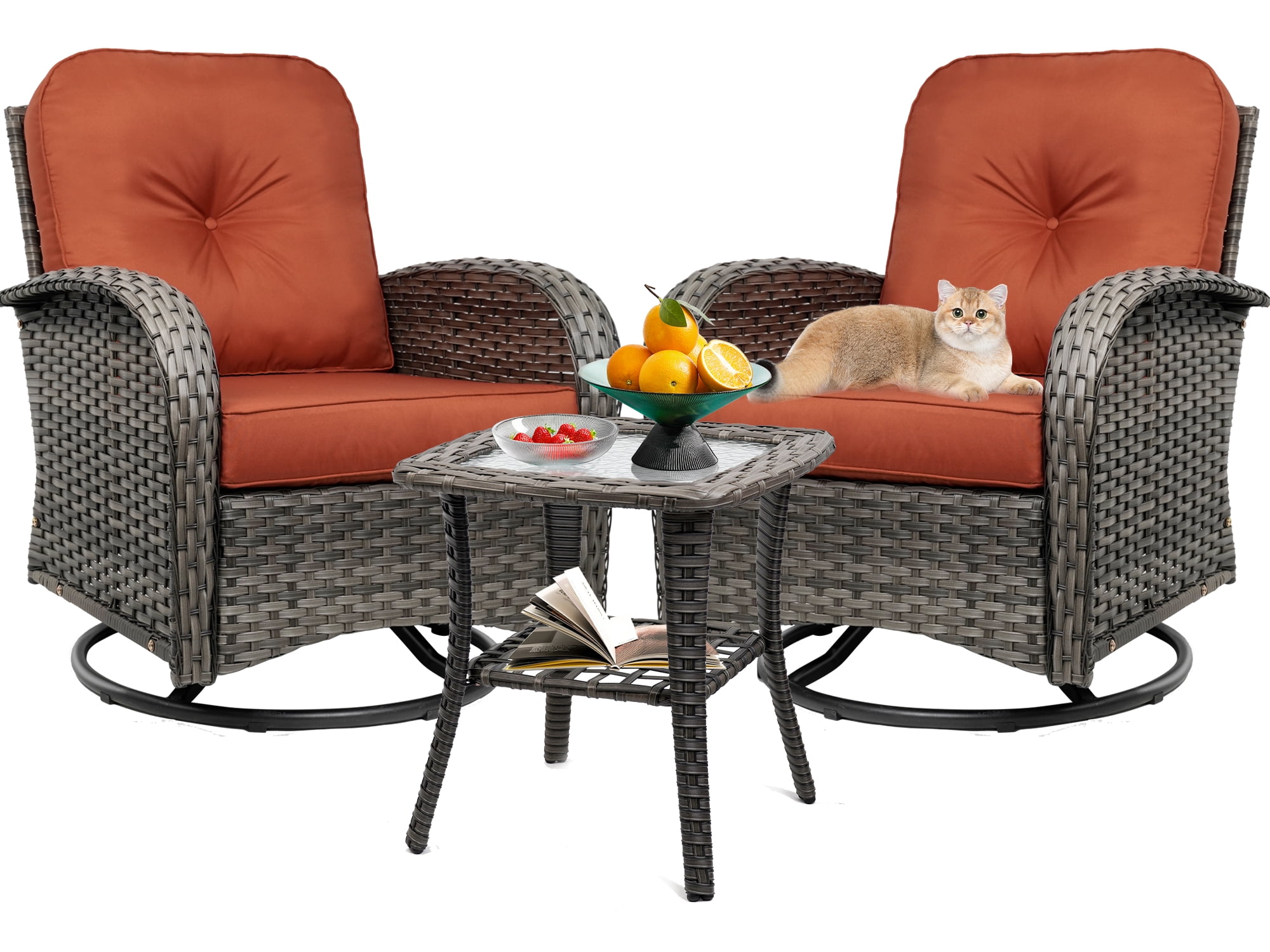 3-Piece Swivel Rocker Wicker Chair Set of 2 ，360-Degree Rocking Chairs ...