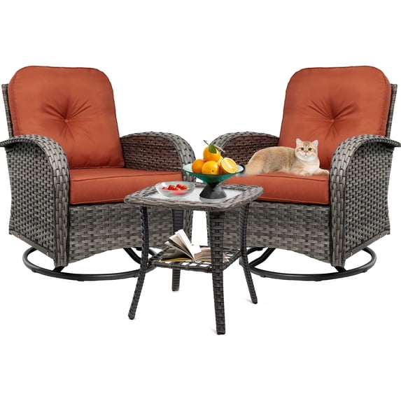 3-Piece Swivel Rocker Wicker Chair Set of 2 ,360-Degree Rocking Chairs Outdoor with Cushions,Glass Table for Garden,Backyard, Bistro.Red