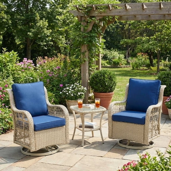 3 Piece Swivel Rocking Chairs & Table with Thick Cushions,Outdoor Patio Furniture Set, All-Weather PE Wicker Conversation Set for Porch, Deck,Natural & Blue