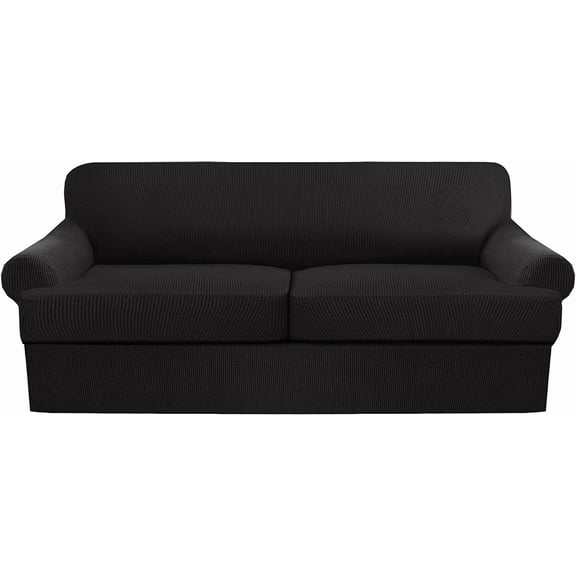 3 Piece T Cushion Sofa Slipcovers Thick Couch Cover Furniture Protector Stretch T Cushion Sofa Covers for 2 Cushion Couch with 2 Individual T Cushion Covers Washable (Black,Loveseat XL)