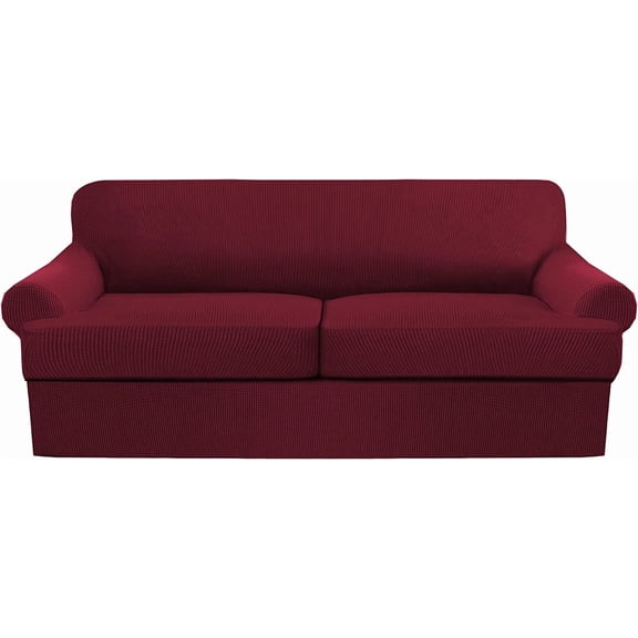 3 Piece T Cushion Sofa Slipcovers Thick Couch Cover Furniture Protector Stretch T Cushion Sofa Covers for 2 Cushion Couch with 2 Individual T Cushion Covers Washable (Burgundy, Loveseat X-Large)