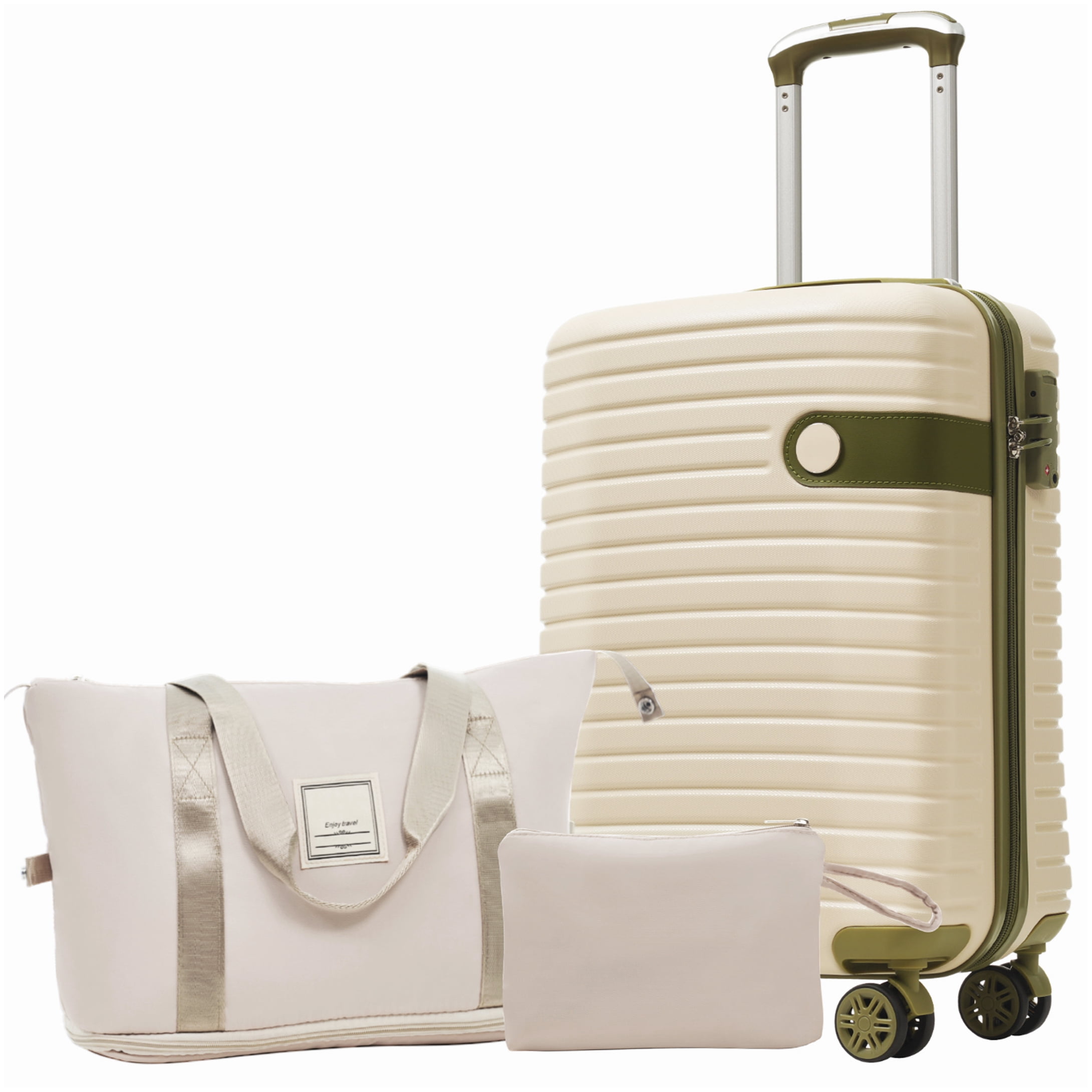 3 Piece TSA Lock Carry On Luggage Set, Lightweight Hardshell Spinner Suitcase Airline Approved, White and Green