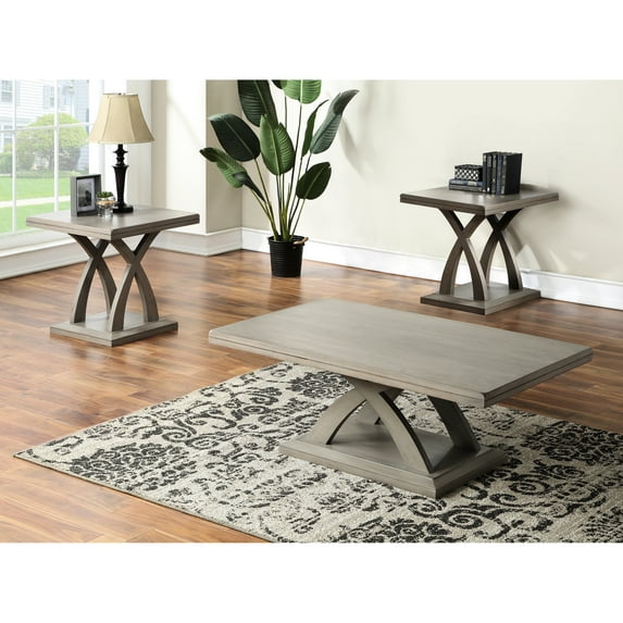3 Piece Table Arrangement - Gray Hardwood Solids & Mango Veneers Magnificent Double Edge Tops Uneven Floor Resolved Gorgeous Decorative Base