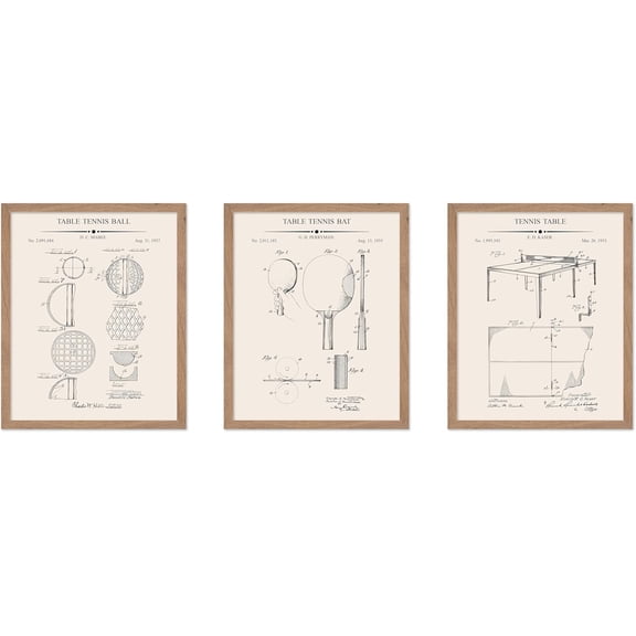 3-Piece Table Tennis Blueprint Poster - Ping Pong Patent Print - Ball Art - Table Tennis Bat Art - Sports Art - Technical Drawing Art - Office or Gym Wall Decor, 8x10 Beige Framed
