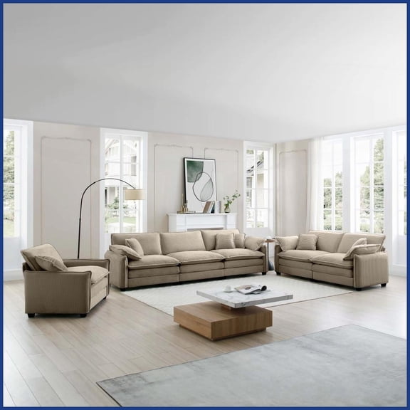 3-Piece Tan Corduroy Sectional Sofa Set - Retro-Modern Deep Seat Comfort for Living Room