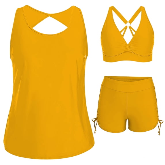 3 Piece Tankini Swimsuits for Women Plus Size Bathing Suits Athletic Swim Tank Top with Sports Bra Drawstring Shorts