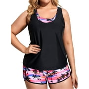 3 Piece Tankini Swimsuits for Women Plus Size Tummy Control Athletic Tankini Set Tribal Print Bathing Suits