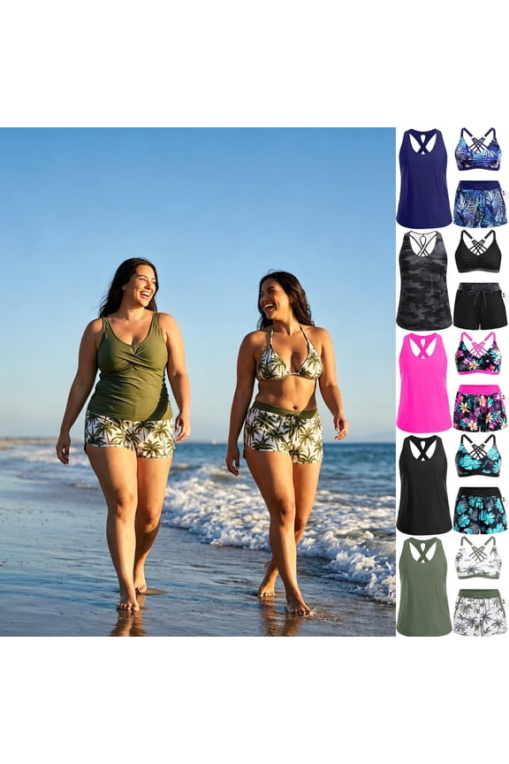 3 Piece Tankini with Shorts – Tummy Control Push Up Swimsuit, High Waisted Swim Shorts with Pockets, Quick Dry Athletic Set Green Palm Tree S